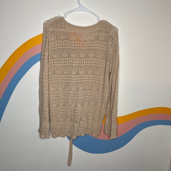 Boho Cinch Front Crochet Top XL V Neck Knit Ruched Tie Long Sleeve Cream Womens - Picture 4 of 7